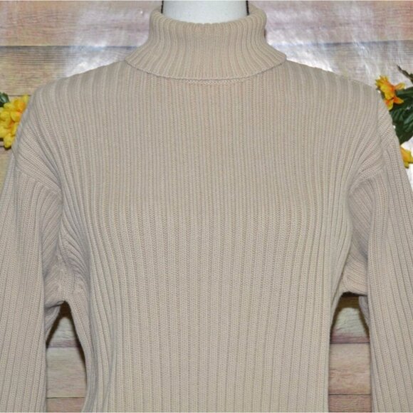 Banana Republic Ladies L Khaki Turtleneck Sweater Ribbed Academia Minimalist - Picture 2 of 8